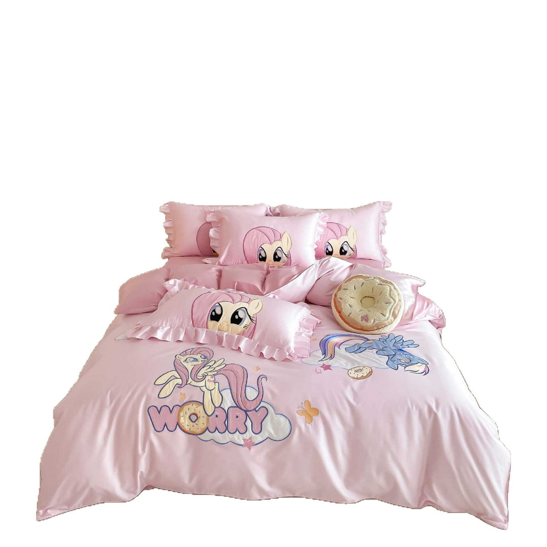 Cartoon Pony Rüsch Satin Bettbezugs Set
