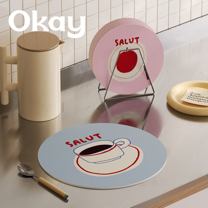 Round Decorative Absorbent Cork Coaster Set with Metal Stand and Fruit Plate Illustration