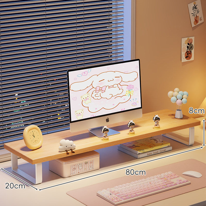 Kompakte Holz-Desktop-Monitorerhöhung mit Metallbeinen und unterer Ablagefläche