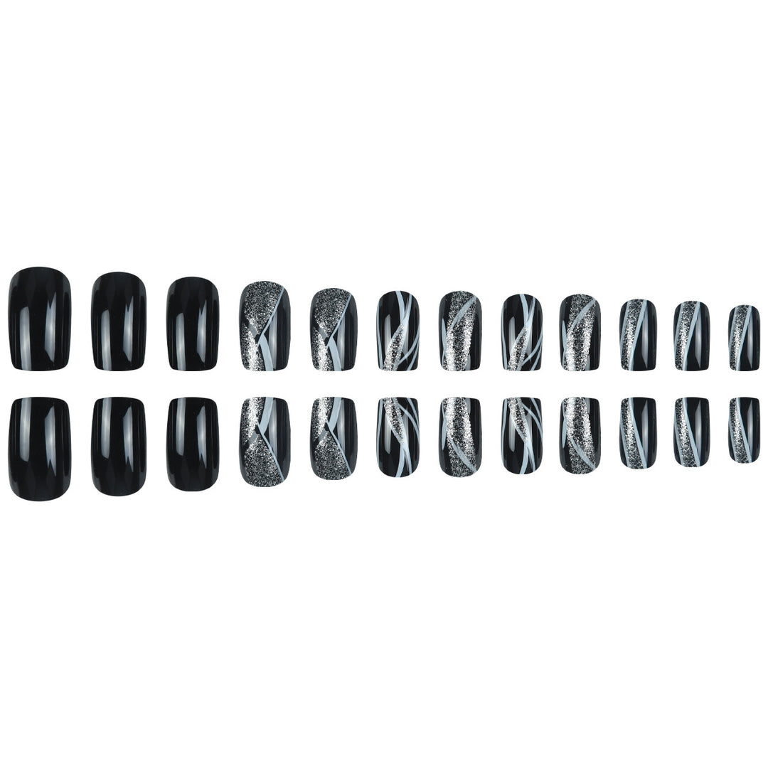 Stylische Press-On-Nagelkunst mit Glitter und geometrischem Design Karnz