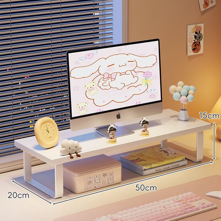 Kompakte Holz-Desktop-Monitorerhöhung mit Metallbeinen und unterer Ablagefläche