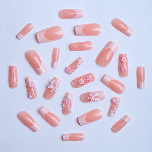 Kunstnagelset mit eleganten 3D-Blüten und Schleifenverzierungen Karnz
