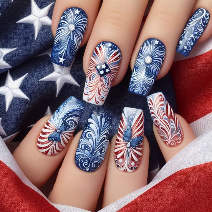 Kreative Kunstnägel mit patriotischen Mustern Karnz