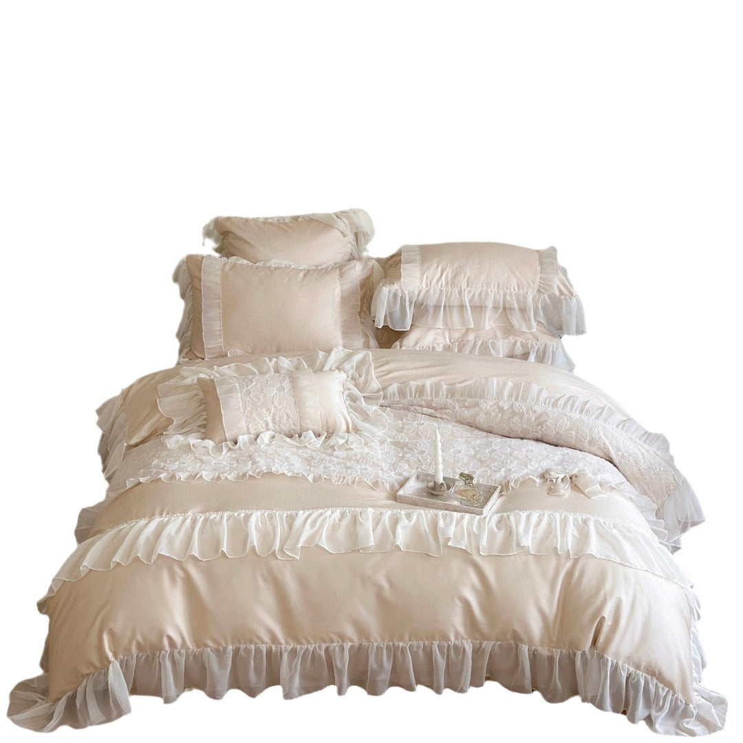 Romantisches Rüschendetail Organza-Verzierung Mikrofaser Bettbezug & Kissenbezug Ensemble