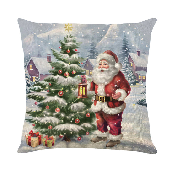 Festive Santa Laterne Dekorativer Baumwoll-Leinen Quadrat Kissenbezug mit Schneedorf Muster