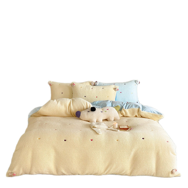 Wendbares Teddy-Fleece-Bettwäscheset mit gestickten Mini-Herzen und 3D-Tierkopf-Kissen