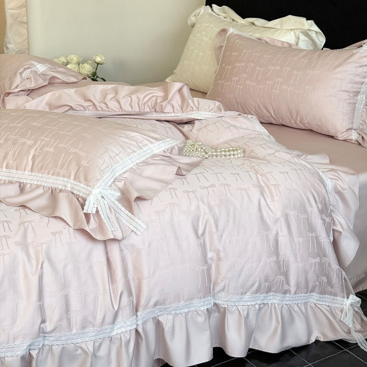 Rüsch-Jacquard-Schleifenmuster-Satin-Bettbezug-Set mit Spitzenbesatz und Kissenbezügen