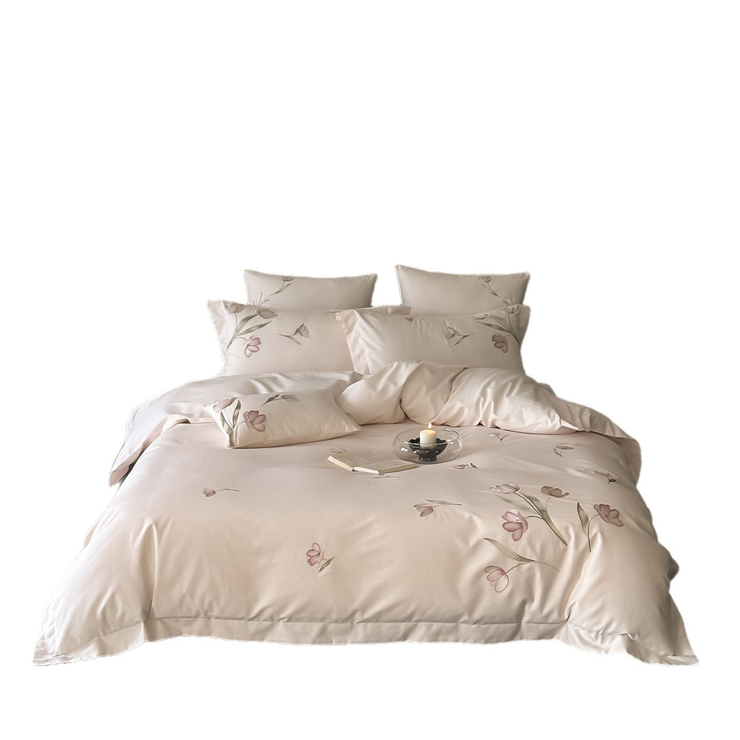 Luxuriöses Baumwoll-Satin Tulpenprint Bettbezug Set mit umkehrbaren Kissenbezügen