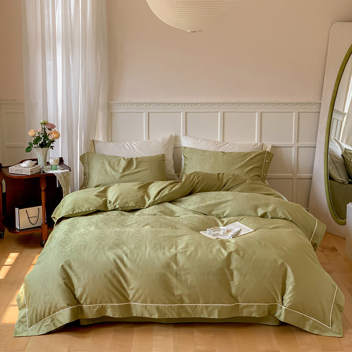 Premium Jacquard-Baumwoll-Satin Bettwäsche-Set mit subtiler Medaillon-Webart und Kontrastpaspel
