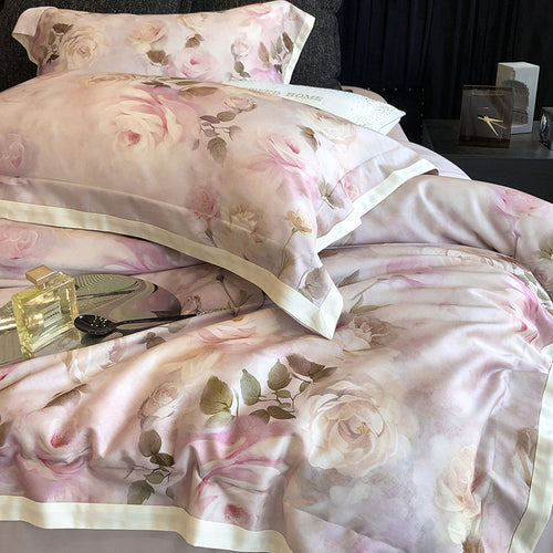 Luxuriöses Baumwollsatin-Bettwäsche-Set mit Aquarell-Rosenmuster und Satin-Bordüre
