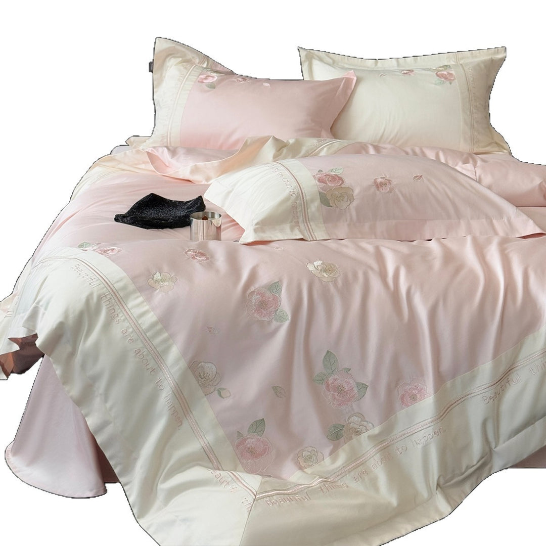 Floral Gestickte Baumwoll-Satin Bettbezug Set mit Dekorativem Saum