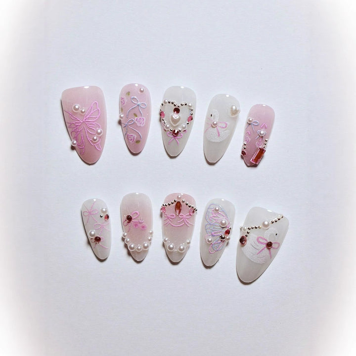 Dekorative 3D Schleife und Perle Press-On Nagelkunst Karnz