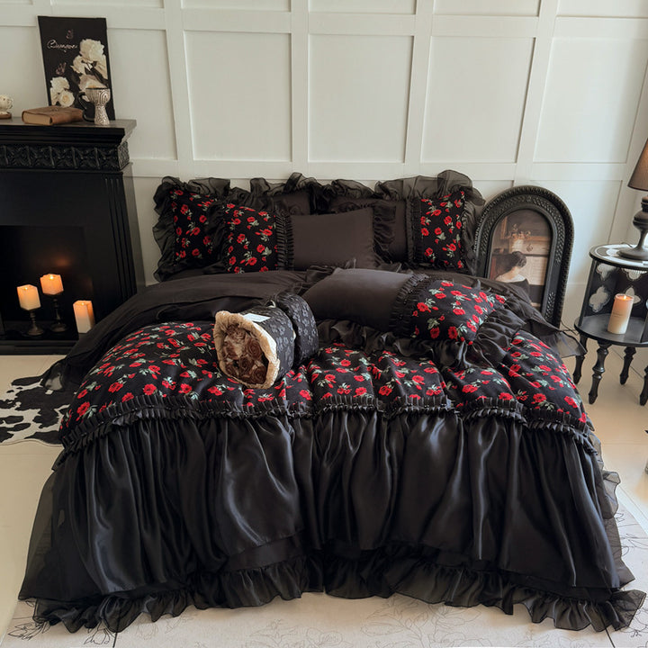 Luxuriös Romantisch Rüsch Floral Satin Bettwäsche Set