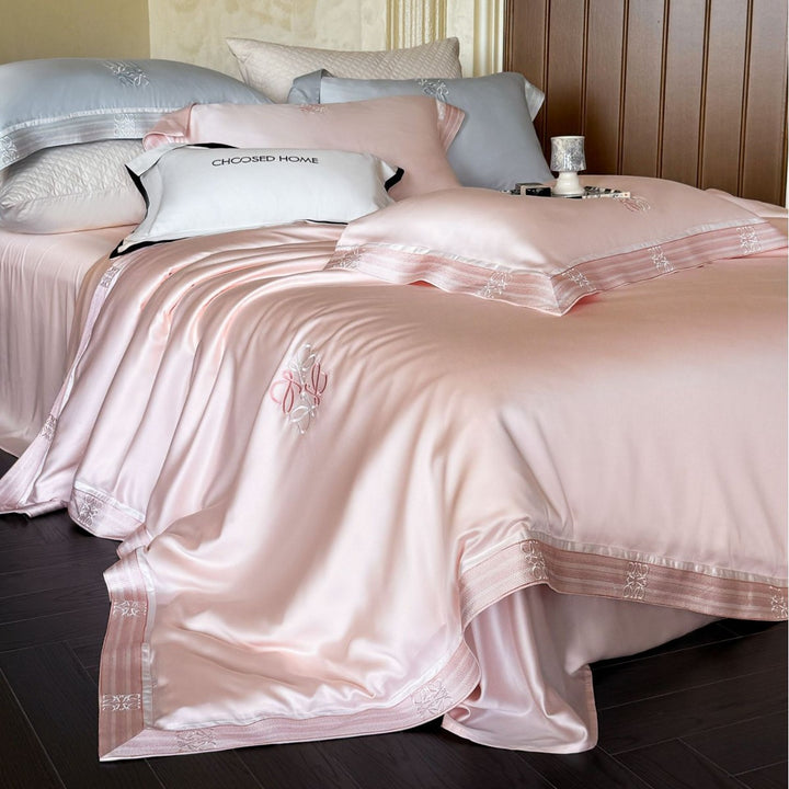 Silk-Feel Embroidered Satin Duvet Cover Set with Monogram Pillow Shams