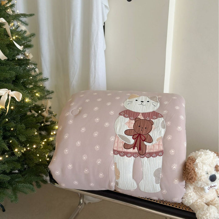 Kinder-Steppdecke mit applizierter Katze und Teddybär extraweiche Kuscheldecke