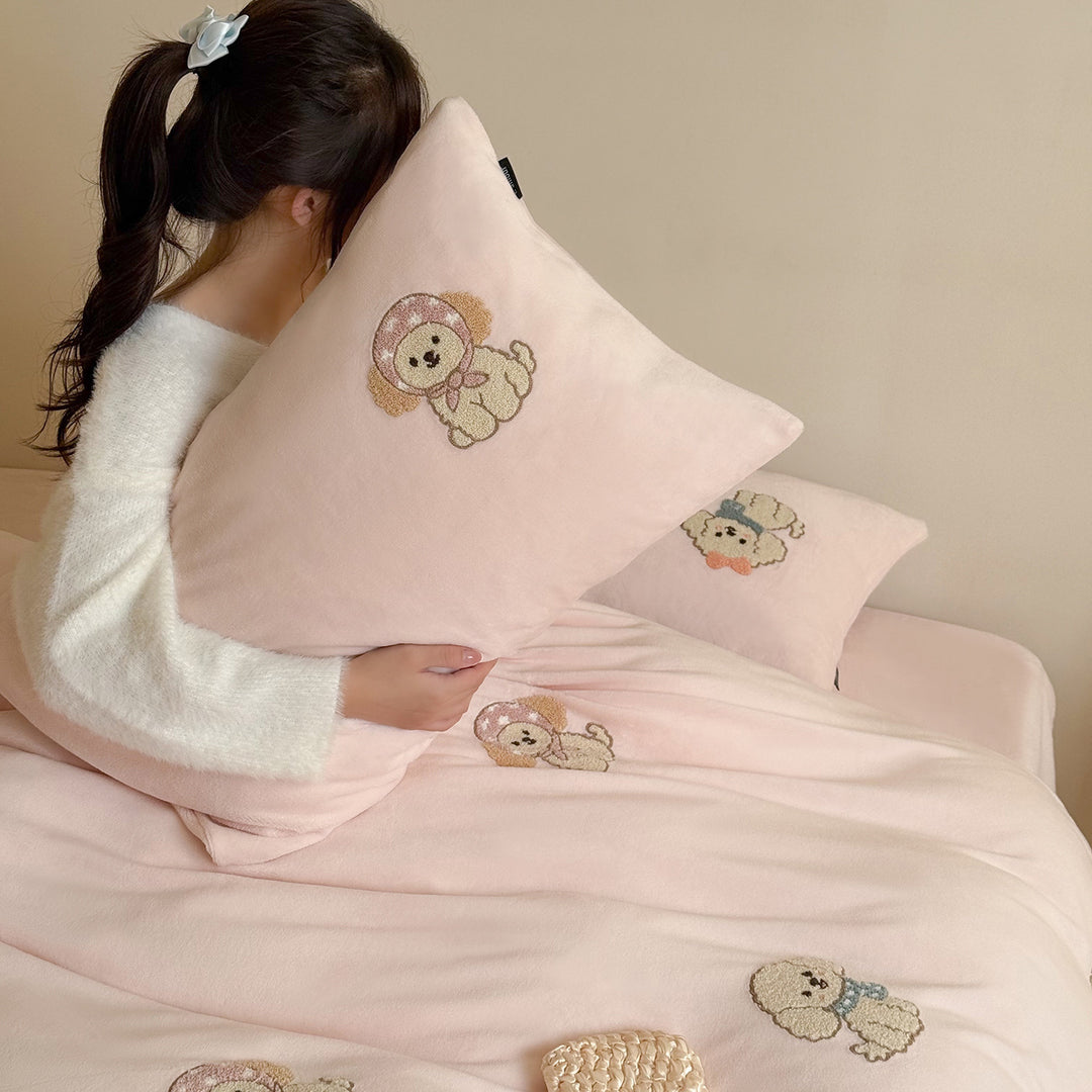 Bestickte Welpen-Motiv Baumwollsatin Bettwäsche Set