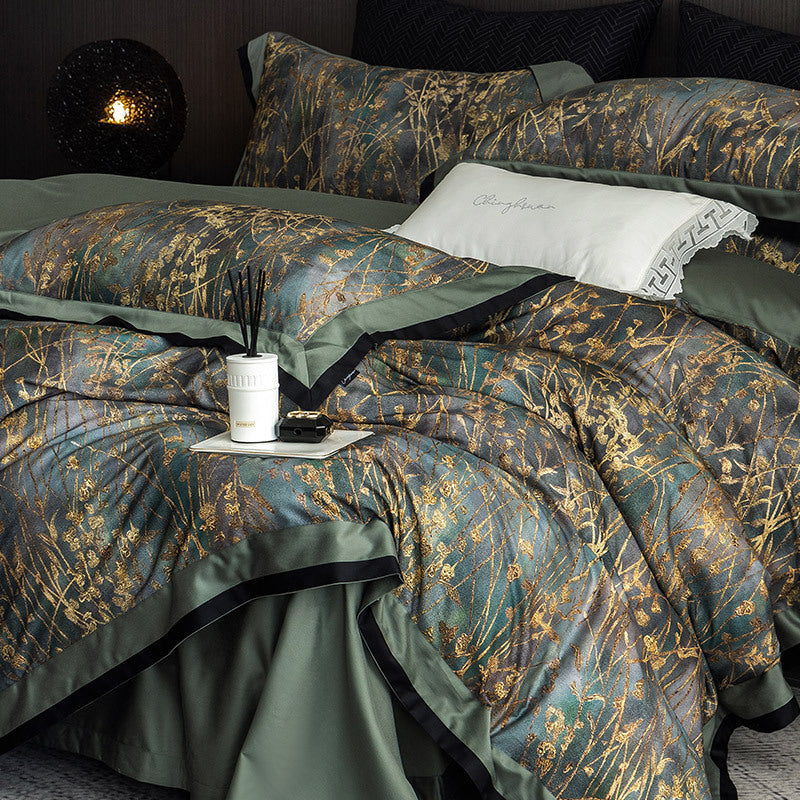 Luxuriöse Bettwäsche-Garnitur aus Baumwollsatin mit filigranem Gräser-Print und satiniertem Saum