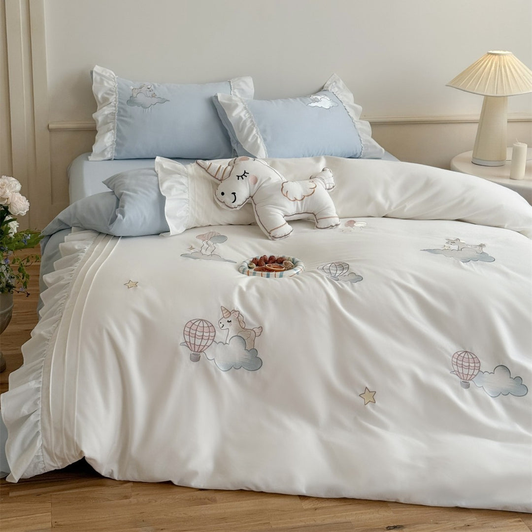 Prinzessin Einhorn Besticktes Rüschende Bettbezug-Set