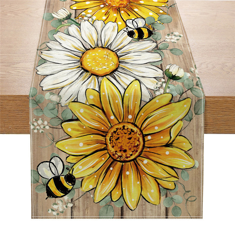 Dekorativer Baumwoll-Leinen Frühlings-Blumen Tischläufer mit rustikalem Holz-Querstück und Sonnenblumen-Druck