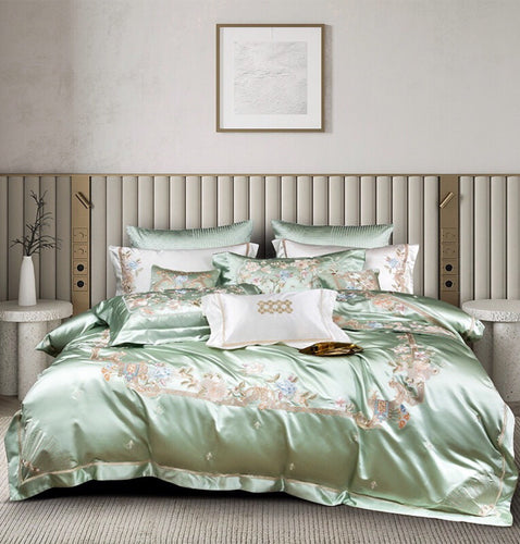 Luxuriöser gestickter Satin Bettbezug mit floralem Jacobean-Stick und Oxford-Kissenbezügen