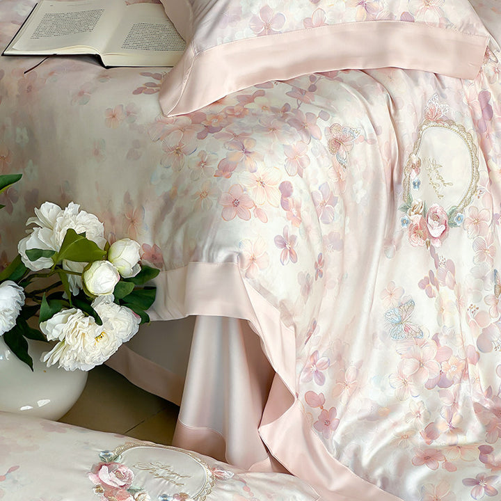 Botanical Micro-Satin Kühl Bettbezug Set mit Bestickten Rosenkranz Kissenbezügen