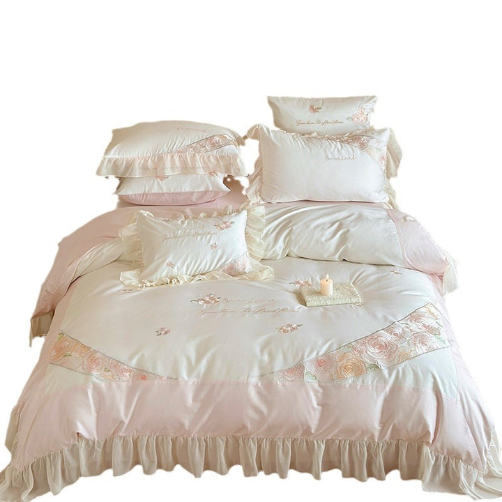 Romantisches Rüschen-Baumwoll-Satin Bettbezug-Set mit handbestickten Rosettenpaneelen & Rüschbettwäsche