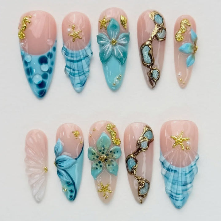 Premium Künstlerische Press-On Nail Set mit Dekorativen von Ozean Inspirierten Designs Karnz