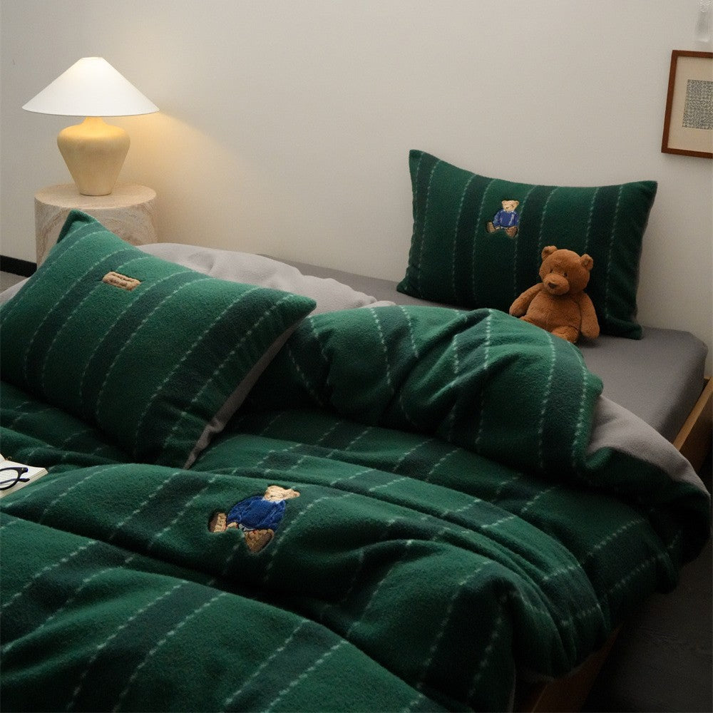 Reversible Plush Fleece Striped Duvet Cover Set with Embroidered Teddy Pillow Shams