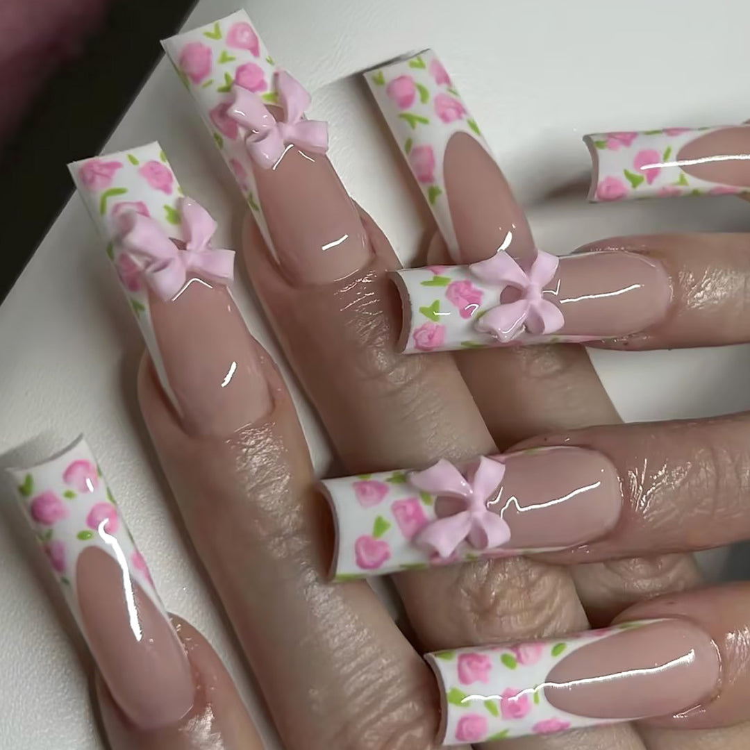 Floral Bow-Design Lange Press-On Nägel Karnz