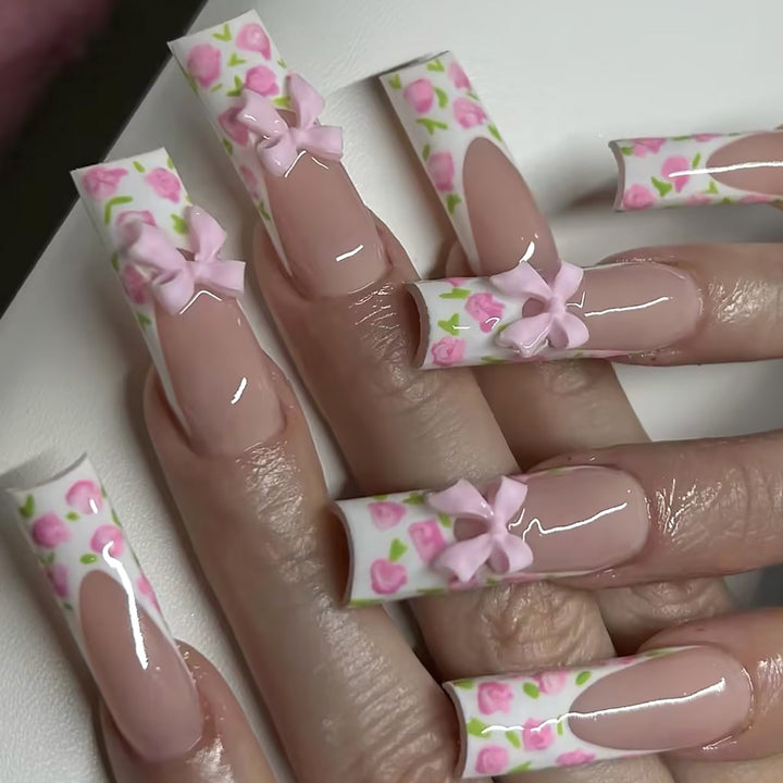 Floral Bow-Design Lange Press-On Nägel Karnz