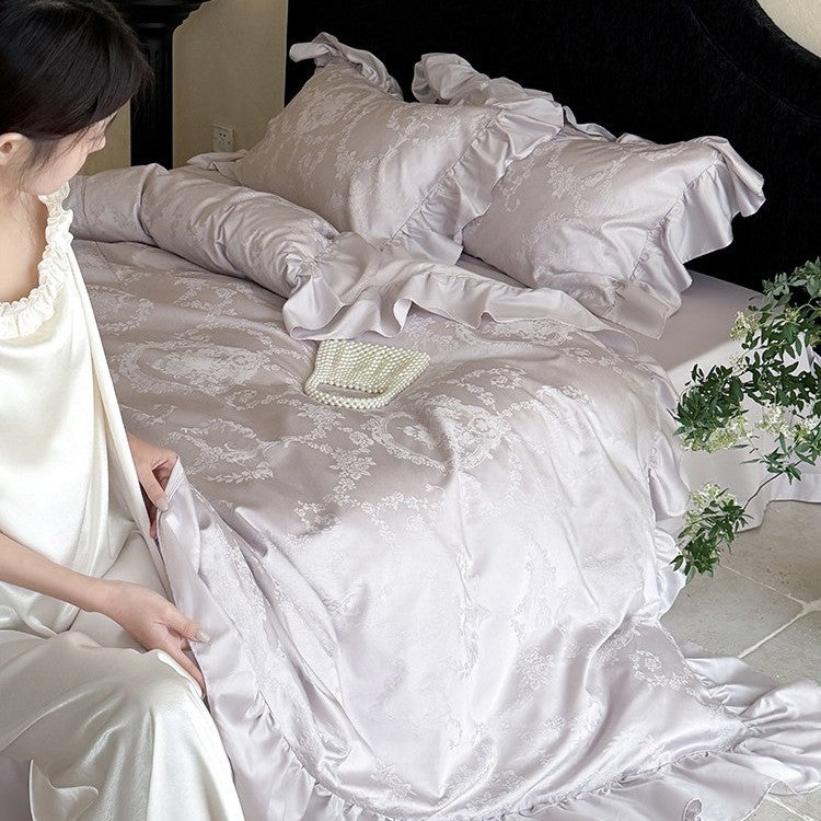 Elegantes Bettwäscheset mit Jacquard-Blumenmuster, Volant und weichem Baumwollsatin
