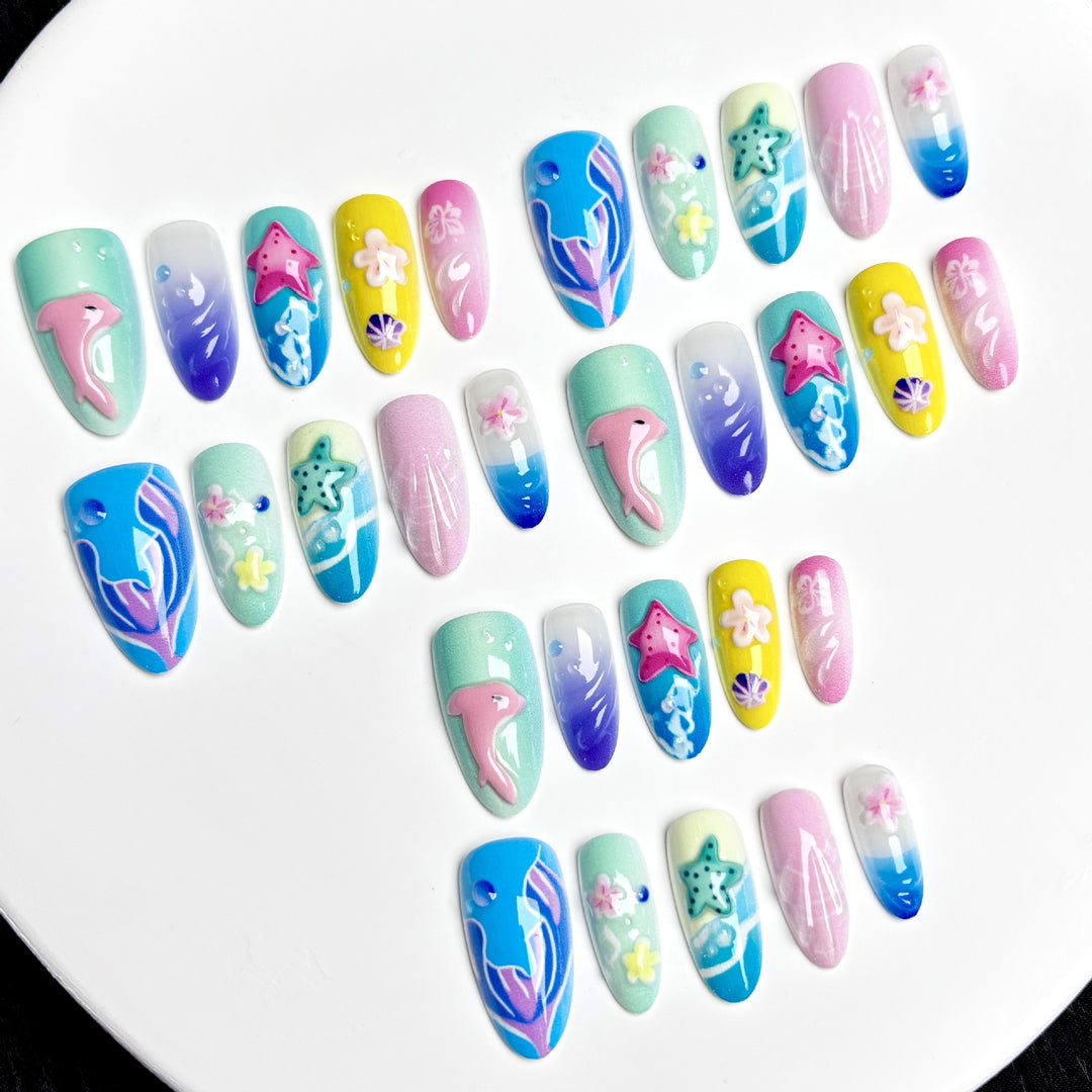 Lebendige vom Ozean inspirierte Press-On Nagelkunst-Set