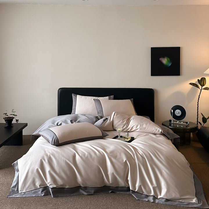 Premium-Baumwollsatin-Bettwäsche-Set mit feiner Kontrastpaspel und Hotelverschluss