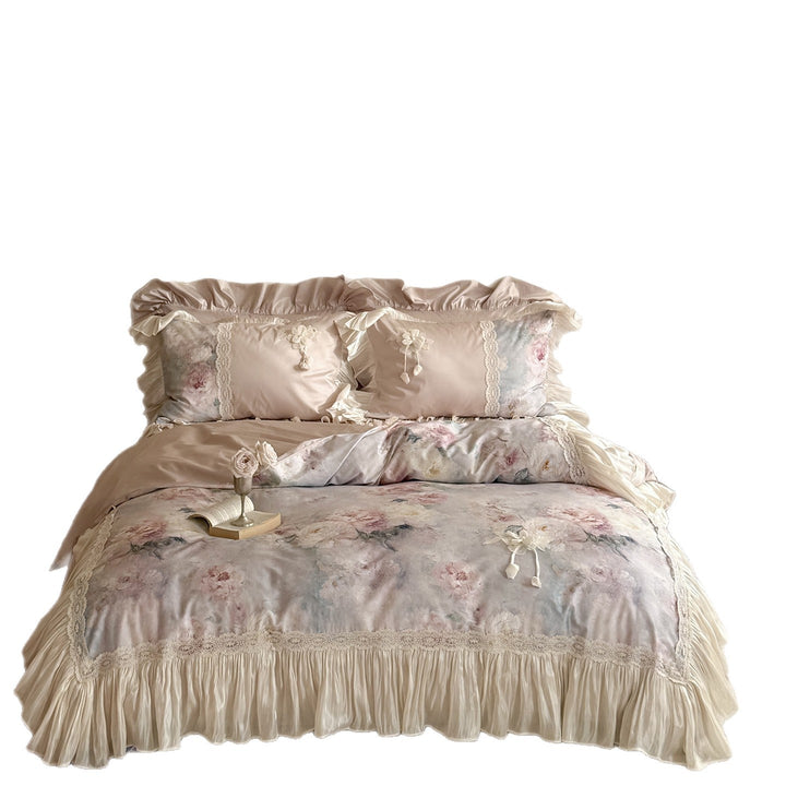 Satin-Bettwäsche-Set mit Blumendruck, Rüschen und Spitzenbesatz