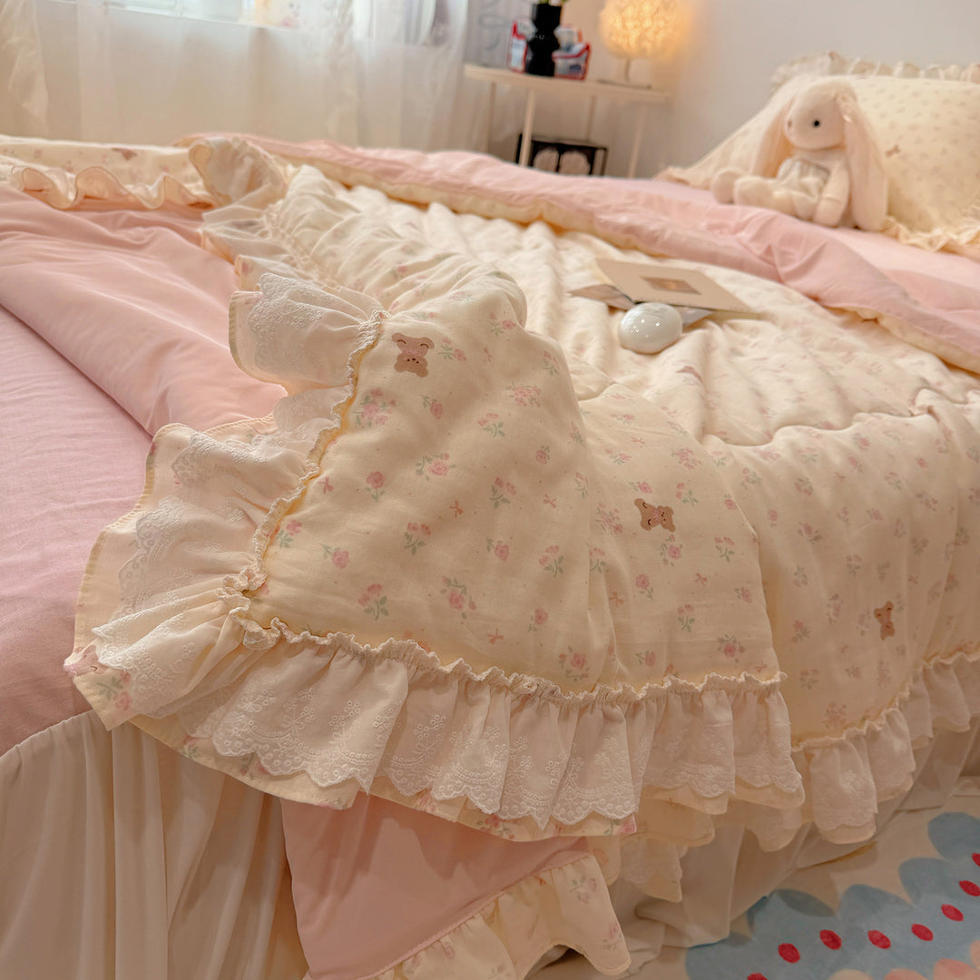 Patchwork-Bettwäscheset aus Baumwoll-Musselin mit Rüschen und leichter Steppdecke