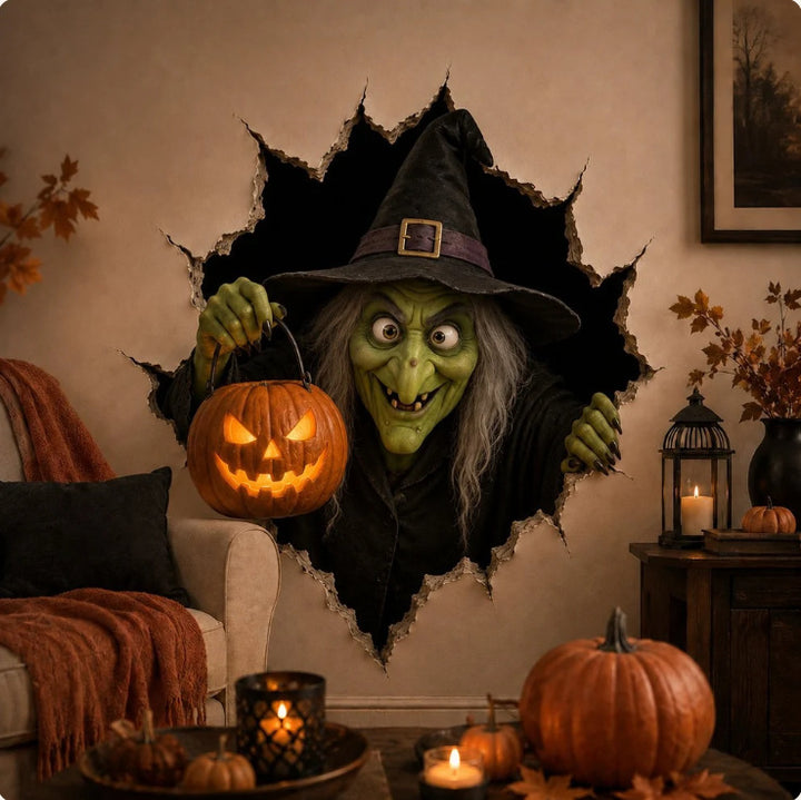 Dreidimensionaler Halloween-Wandsticker Hexe mit Loch-in-Wand-Effekt und Kürbislaterne