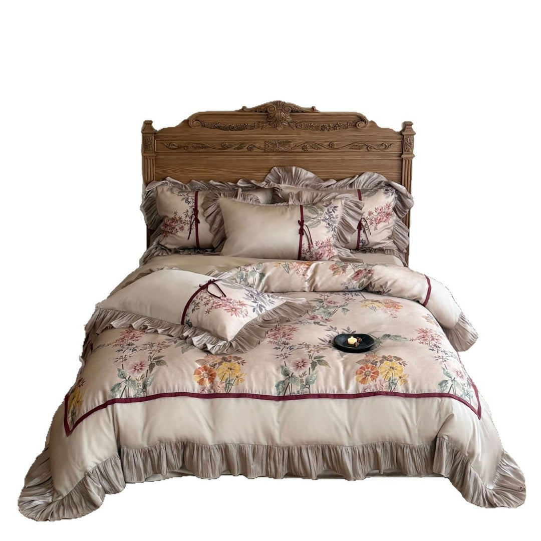 Romantisches Satin-Bettwäsche-Set mit Rüschen, Blumenstickerei und Wendefunktion