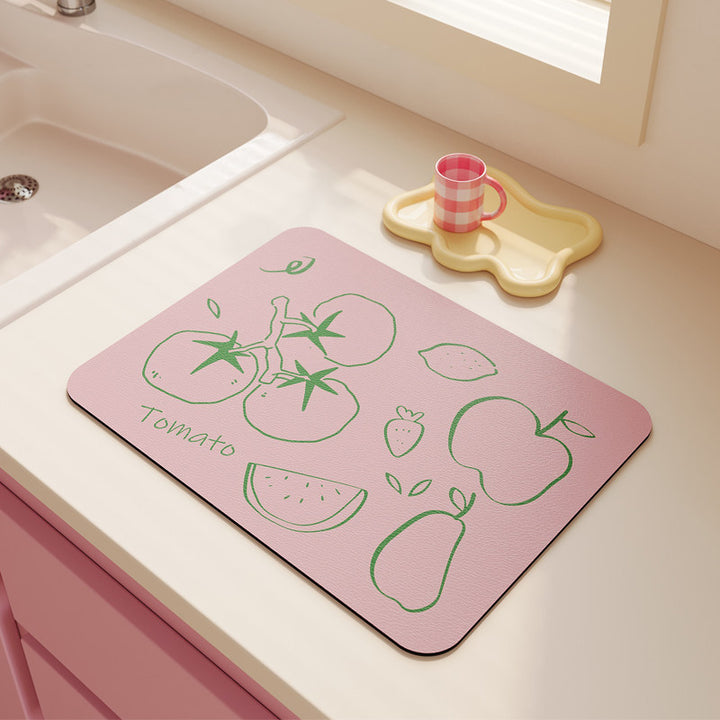 Non-Slip Heat-Resistant Kitchen Dish Drying Mat with Cute Tea Doodle Print