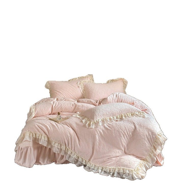 Gepolsterte Jacquard Bettwäsche Set mit Spitze Rüsche und dekorativen Kissenbezügen