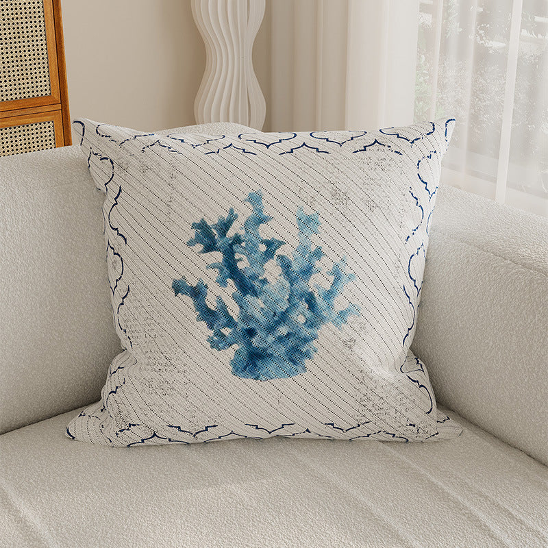 Decorative Coastal Shell Print Square Throw Pillow Cover with Textured Woven Fabric