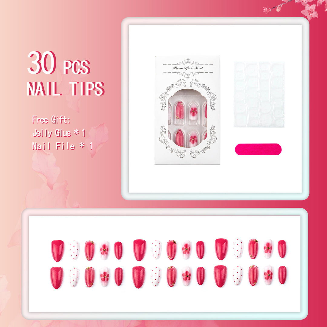 Künstlerisches Press-On-Nagelset mit Blumen- und Punktdesigns