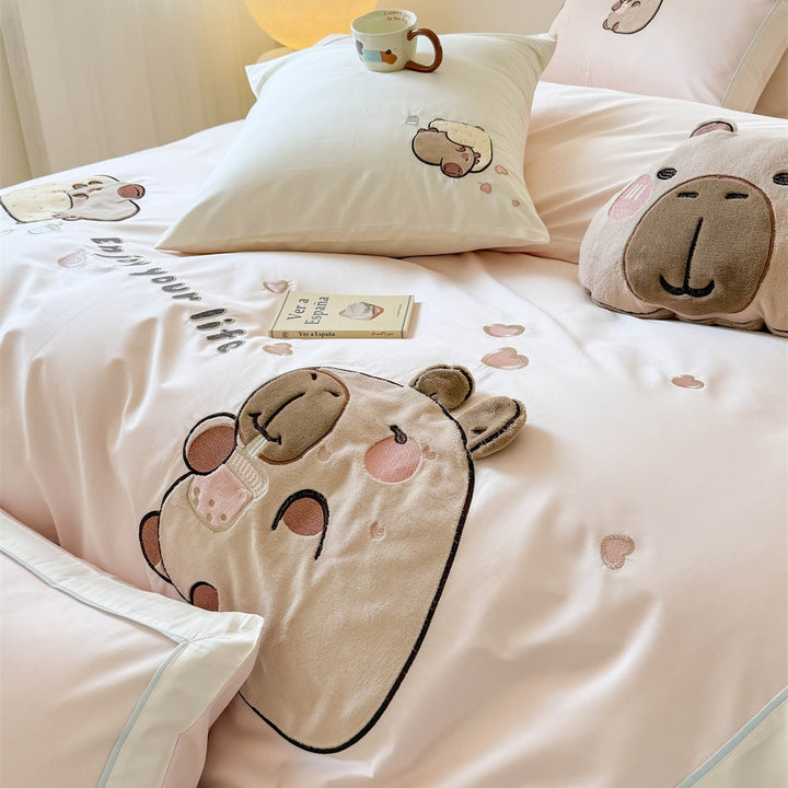 Kawaii-Bettwäsche-Garnitur mit applizierten Plüschbären und atmungsaktivem Baumwollsatin