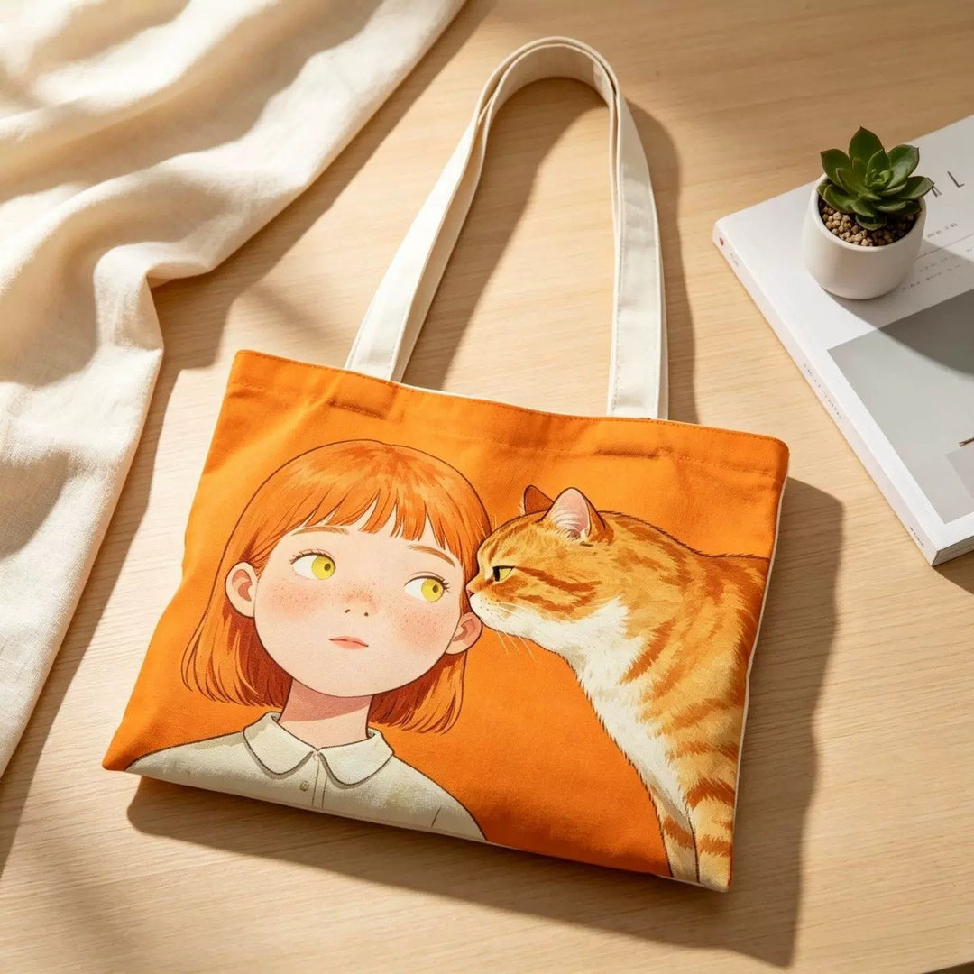 Illustrierte Katze und Junge Canvas Tragetasche