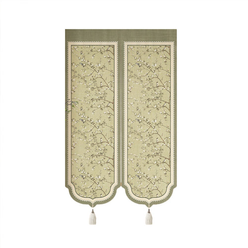 Split-Panel Decorative Door Noren Curtain with Tropical Botanical Print and Tassel Trim