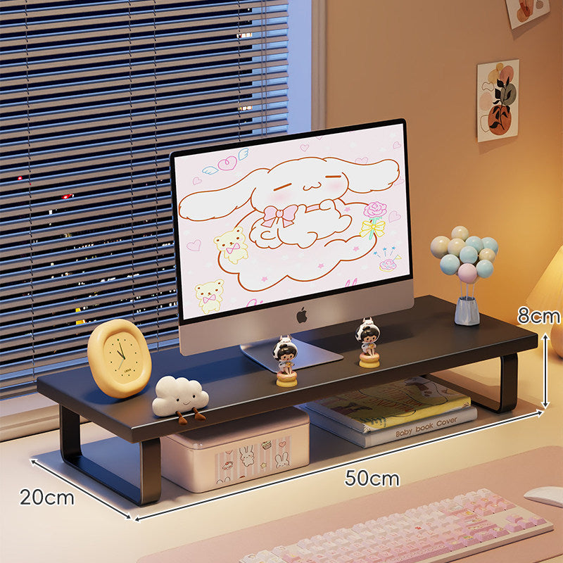 Kompakte Holz-Desktop-Monitorerhöhung mit Metallbeinen und unterer Ablagefläche