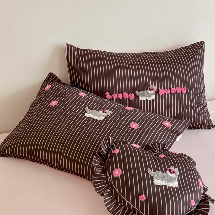 Besticktes Streifen Baumwoll-Satin Bettbezug-Set mit Applikation