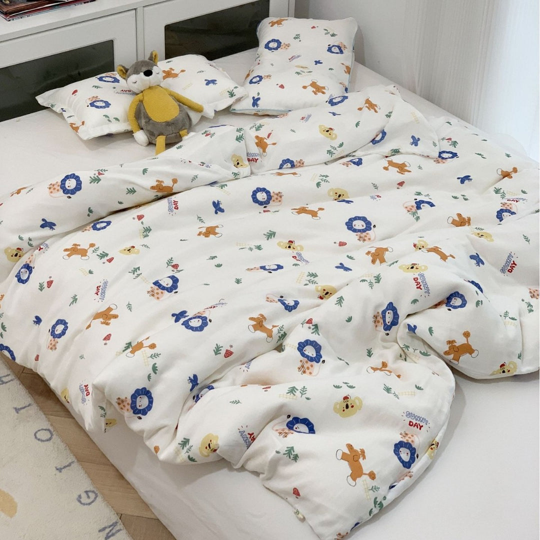 Kinderbettwäsche-Set mit niedlichen Löwenmotiven aus weichem Baumwoll-Musselin