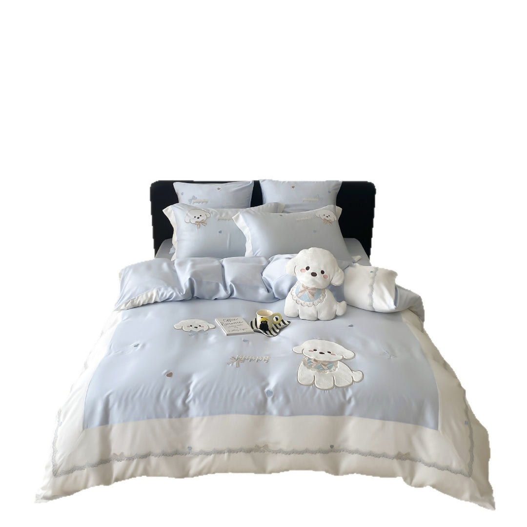Kinder-Bettwäsche-Set aus Baumwollsatin mit bestickten Hund-Applikationen und Kuschelplüschtier