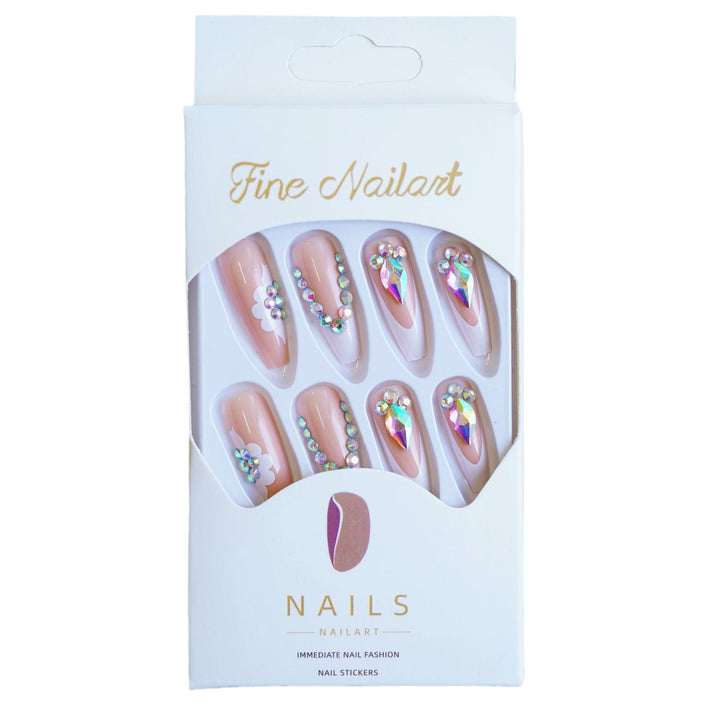 Dekoratives Press-On Nagelkunstset mit floralen und Strassakzenten