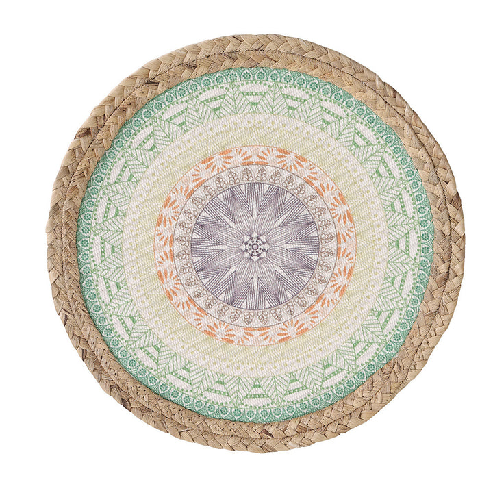 Runder Sitzpouf mit Mandala-Print, gewebter Oberfläche und geflochtenem Jute-Rand